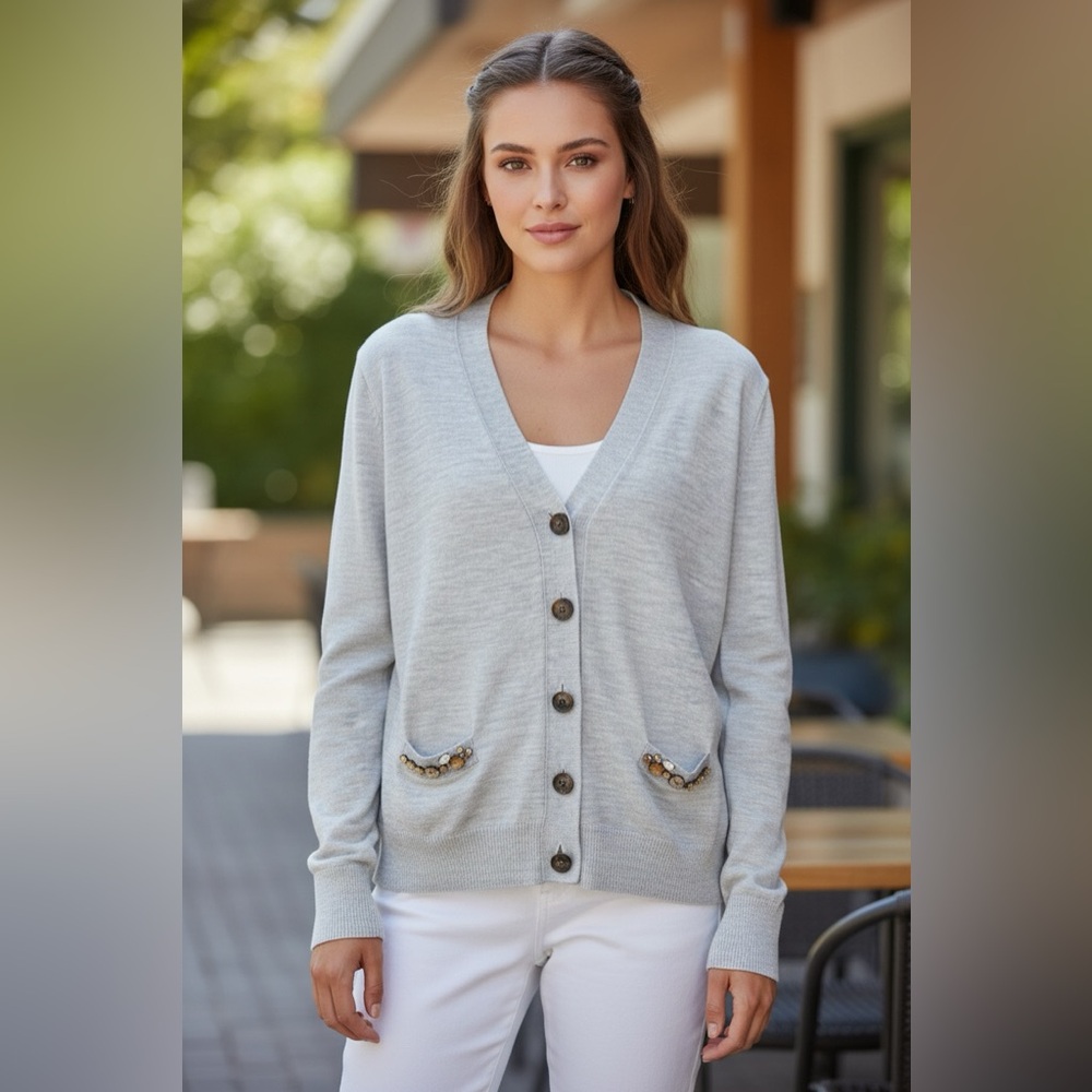 J.Crew 100% Merino Wool Gray Cardigan Embellished Pockets Size M